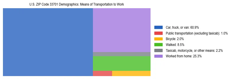 Treemap showing means of transportation to work distribution in US ZIP Code 33701.