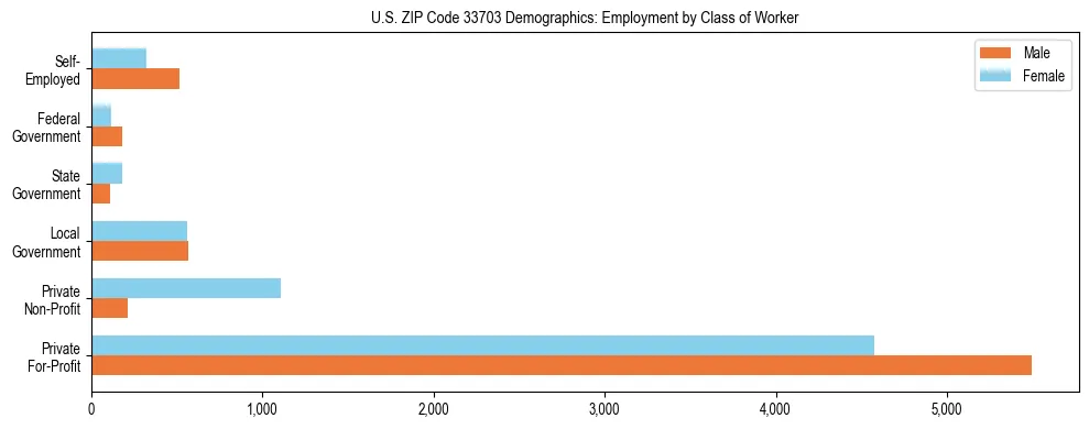 Horizontal bar chart showing employment distribution by class of worker and gender in US ZIP Code 33703, based on 2023 ACS data.