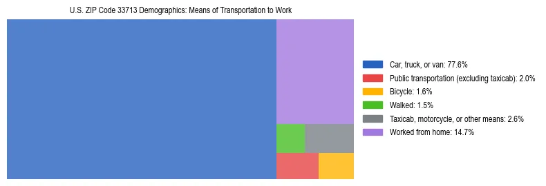 Treemap showing means of transportation to work distribution in US ZIP Code 33713.