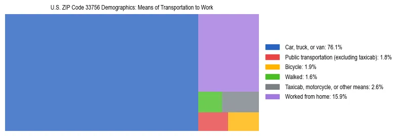 Treemap showing means of transportation to work distribution in US ZIP Code 33756.