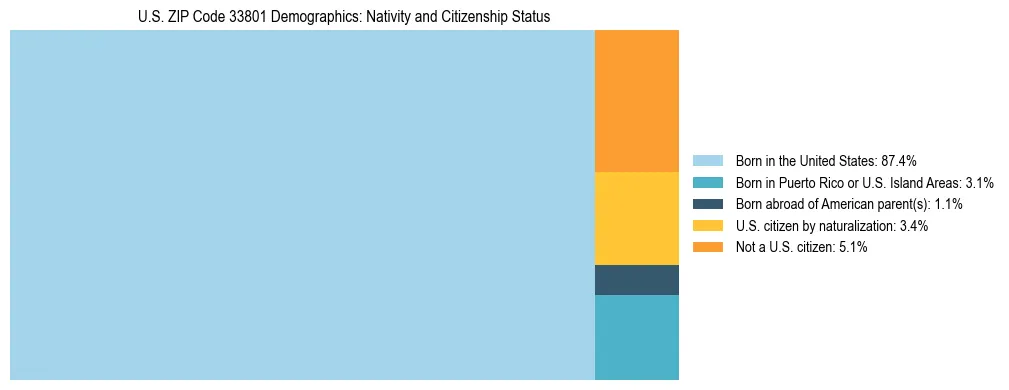 Treemap showing the population distribution by nativity and citizenship status in US ZIP Code 33801 based on U.S. Census data.