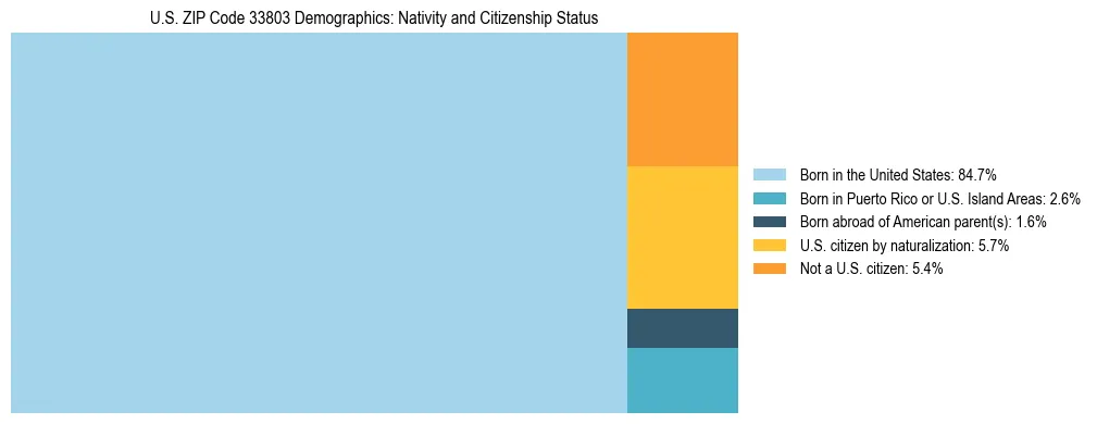Treemap showing the population distribution by nativity and citizenship status in US ZIP Code 33803 based on U.S. Census data.