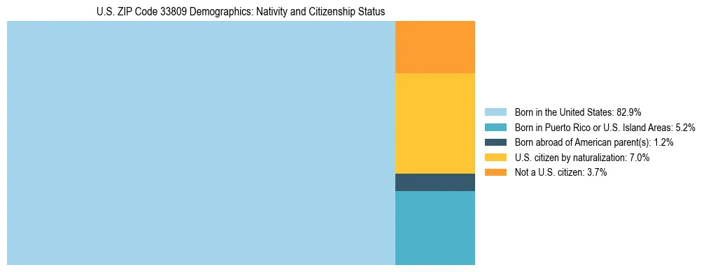 Treemap showing the population distribution by nativity and citizenship status in US ZIP Code 33809 based on U.S. Census data.
