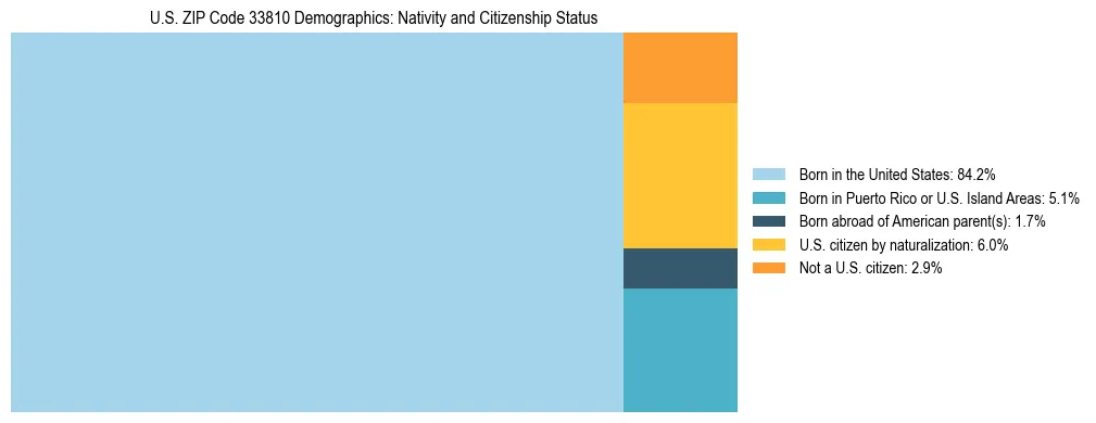 Treemap showing the population distribution by nativity and citizenship status in US ZIP Code 33810 based on U.S. Census data.