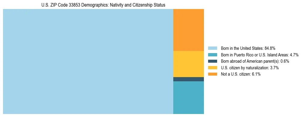 Treemap showing the population distribution by nativity and citizenship status in US ZIP Code 33853 based on U.S. Census data.