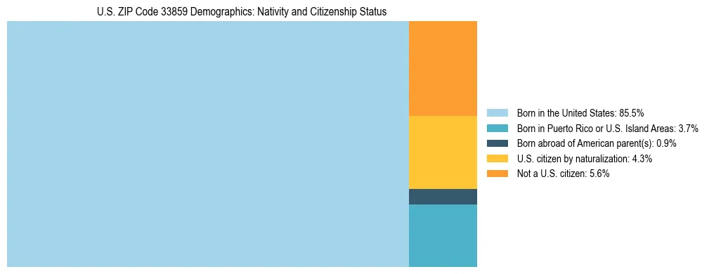 Treemap showing the population distribution by nativity and citizenship status in US ZIP Code 33859 based on U.S. Census data.