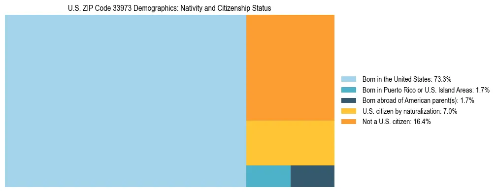 Treemap showing the population distribution by nativity and citizenship status in US ZIP Code 33973 based on U.S. Census data.