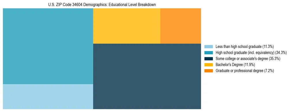 Treemap chart illustrating the educational attainment breakdown for population 25 years and over in US ZIP Code 34604.