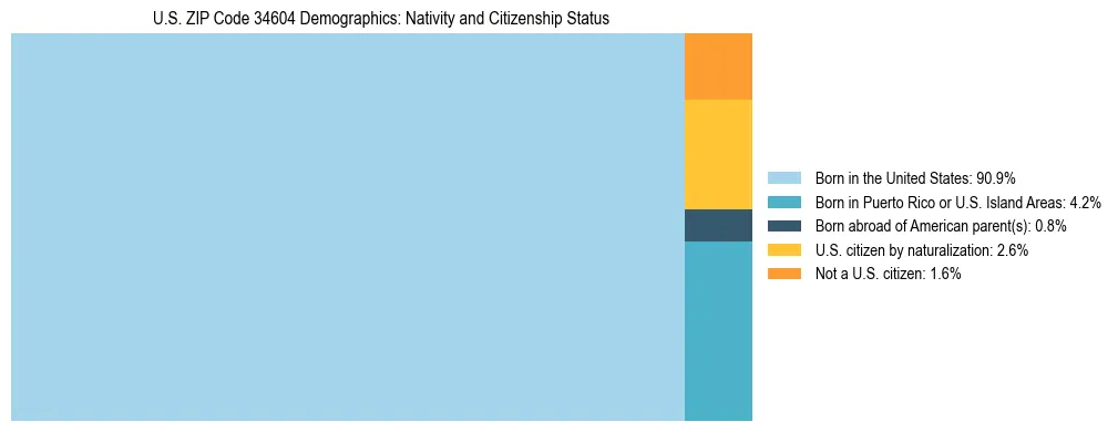 Treemap showing the population distribution by nativity and citizenship status in US ZIP Code 34604 based on U.S. Census data.