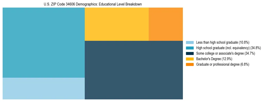 Treemap chart illustrating the educational attainment breakdown for population 25 years and over in US ZIP Code 34606.