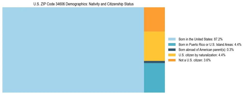 Treemap showing the population distribution by nativity and citizenship status in US ZIP Code 34606 based on U.S. Census data.
