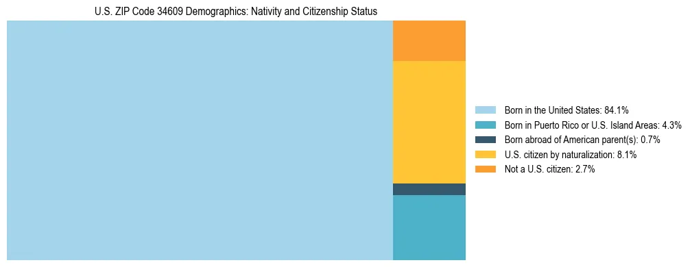 Treemap showing the population distribution by nativity and citizenship status in US ZIP Code 34609 based on U.S. Census data.