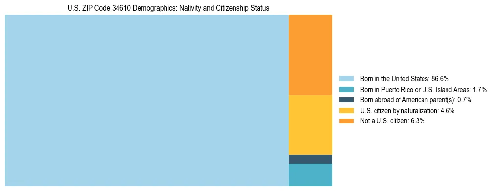 Treemap showing the population distribution by nativity and citizenship status in US ZIP Code 34610 based on U.S. Census data.