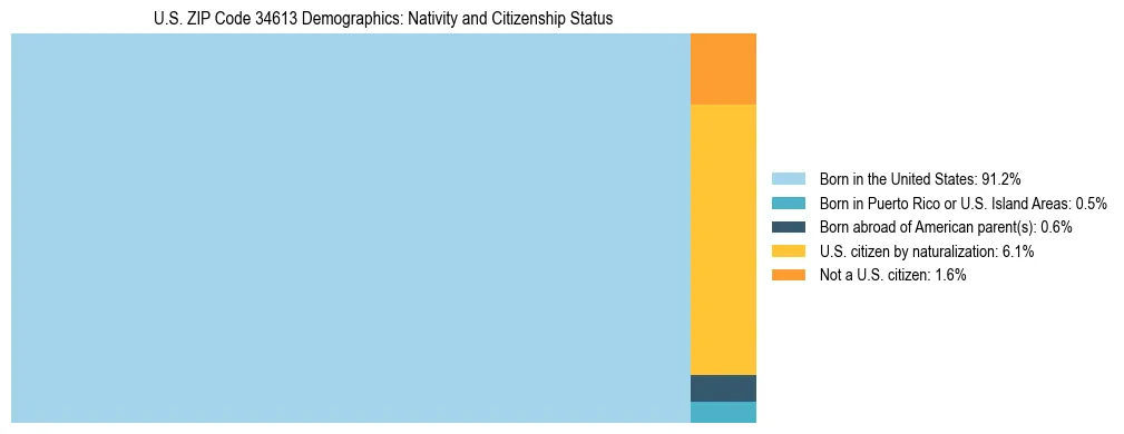 Treemap showing the population distribution by nativity and citizenship status in US ZIP Code 34613 based on U.S. Census data.