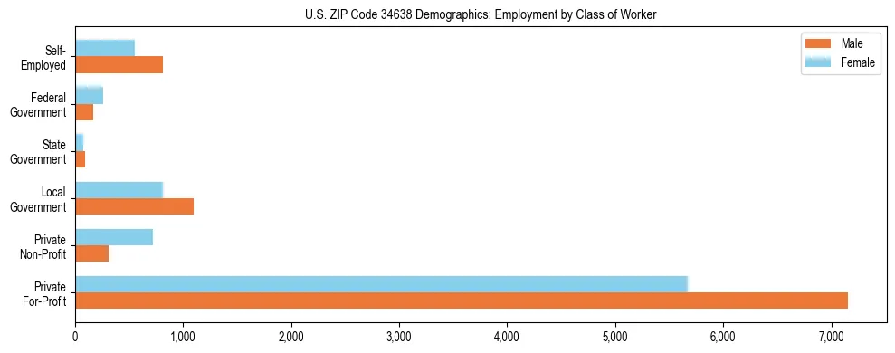 Horizontal bar chart showing employment distribution by class of worker and gender in US ZIP Code 34638, based on 2023 ACS data.