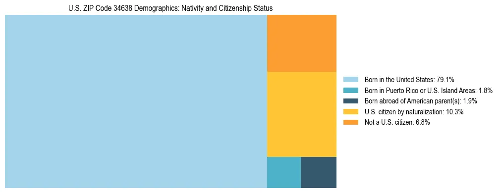 Treemap showing the population distribution by nativity and citizenship status in US ZIP Code 34638 based on U.S. Census data.