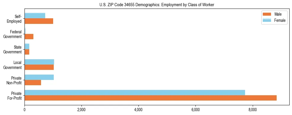Horizontal bar chart showing employment distribution by class of worker and gender in US ZIP Code 34655, based on 2023 ACS data.