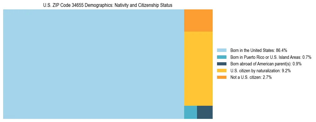 Treemap showing the population distribution by nativity and citizenship status in US ZIP Code 34655 based on U.S. Census data.