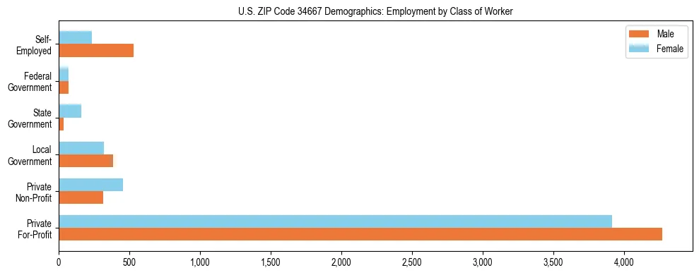 Horizontal bar chart showing employment distribution by class of worker and gender in US ZIP Code 34667, based on 2023 ACS data.