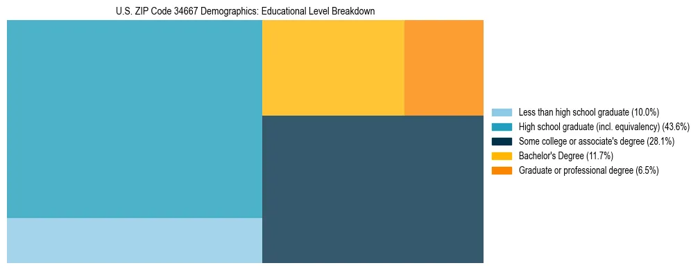 Treemap chart illustrating the educational attainment breakdown for population 25 years and over in US ZIP Code 34667.