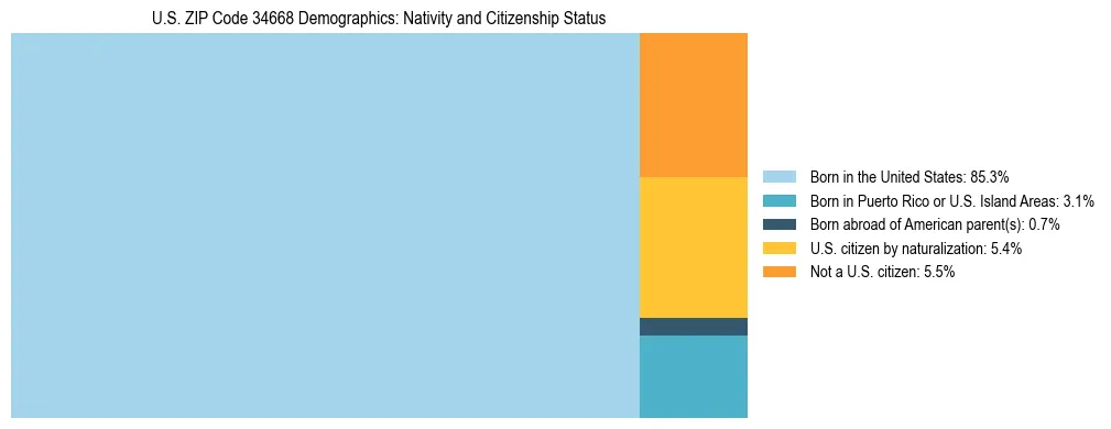 Treemap showing the population distribution by nativity and citizenship status in US ZIP Code 34668 based on U.S. Census data.