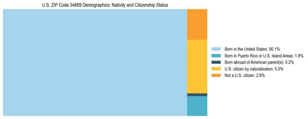 Treemap showing the population distribution by nativity and citizenship status in US ZIP Code 34669 based on U.S. Census data.