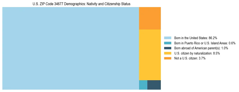 Treemap showing the population distribution by nativity and citizenship status in US ZIP Code 34677 based on U.S. Census data.