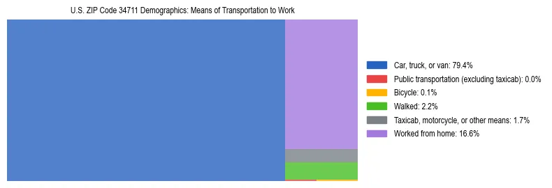 Treemap showing means of transportation to work distribution in US ZIP Code 34711.