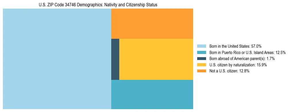 Treemap showing the population distribution by nativity and citizenship status in US ZIP Code 34746 based on U.S. Census data.