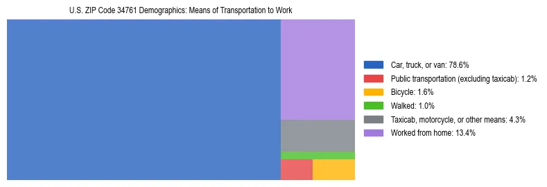 Treemap showing means of transportation to work distribution in US ZIP Code 34761.