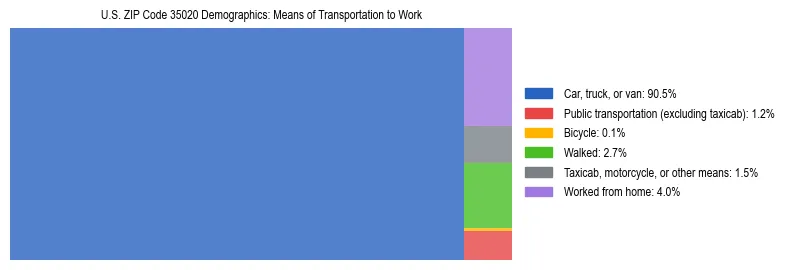 Treemap showing means of transportation to work distribution in US ZIP Code 35020.