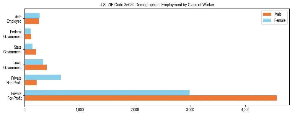 Horizontal bar chart showing employment distribution by class of worker and gender in US ZIP Code 35080, based on 2023 ACS data.