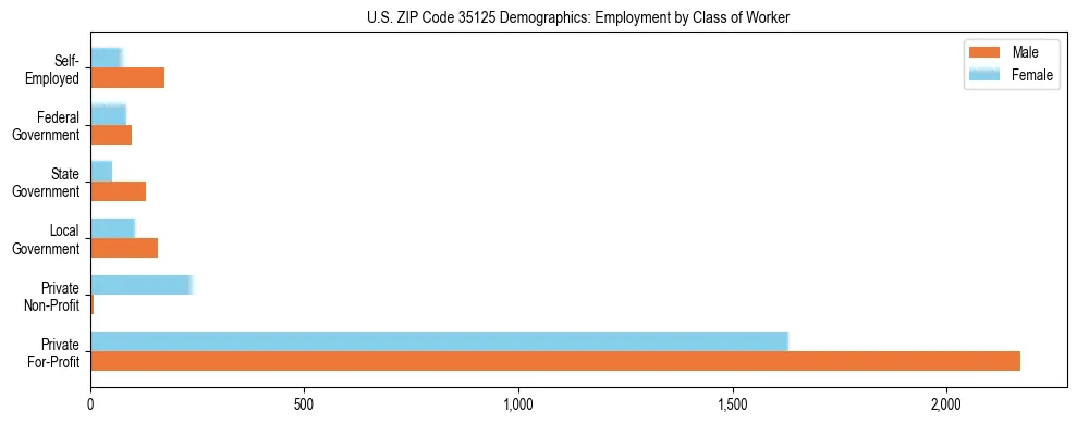 Horizontal bar chart showing employment distribution by class of worker and gender in US ZIP Code 35125, based on 2023 ACS data.