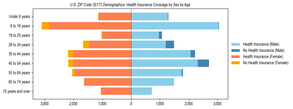 Pyramid chart showing health insurance coverage by age and sex in US ZIP Code 35173.