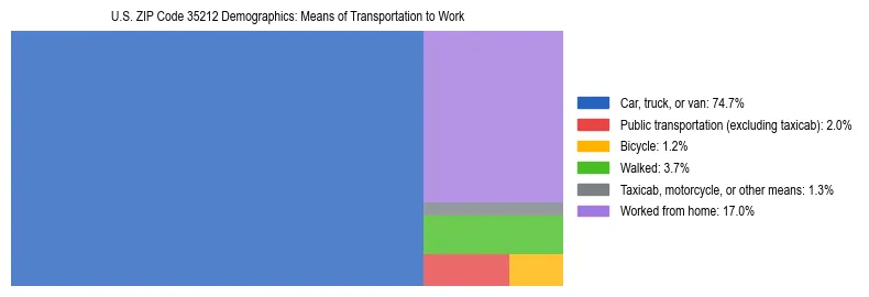 Treemap showing means of transportation to work distribution in US ZIP Code 35212.