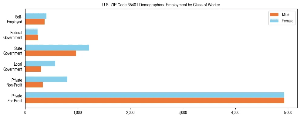 Horizontal bar chart showing employment distribution by class of worker and gender in US ZIP Code 35401, based on 2023 ACS data.