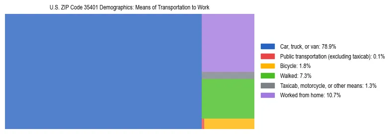 Treemap showing means of transportation to work distribution in US ZIP Code 35401.