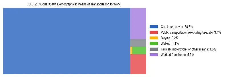 Treemap showing means of transportation to work distribution in US ZIP Code 35404.