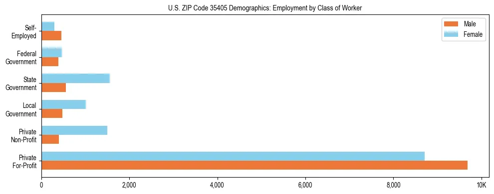Horizontal bar chart showing employment distribution by class of worker and gender in US ZIP Code 35405, based on 2023 ACS data.