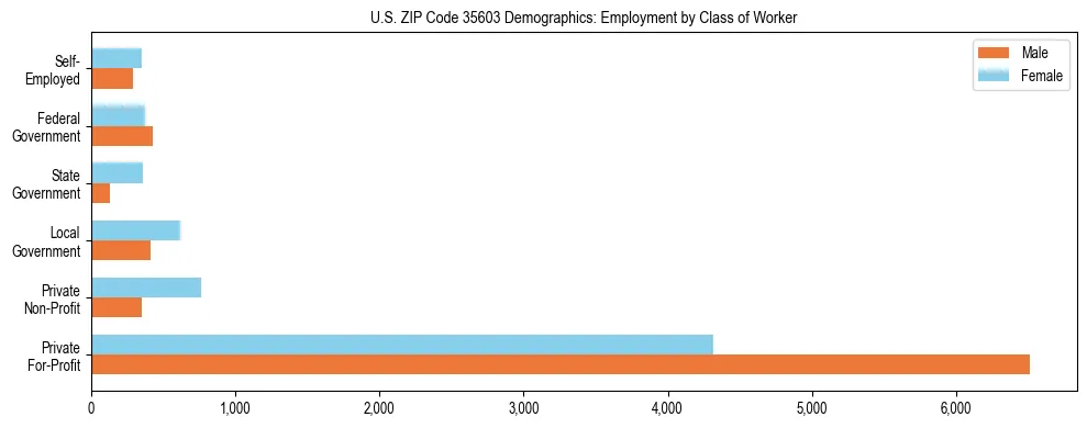 Horizontal bar chart showing employment distribution by class of worker and gender in US ZIP Code 35603, based on 2023 ACS data.