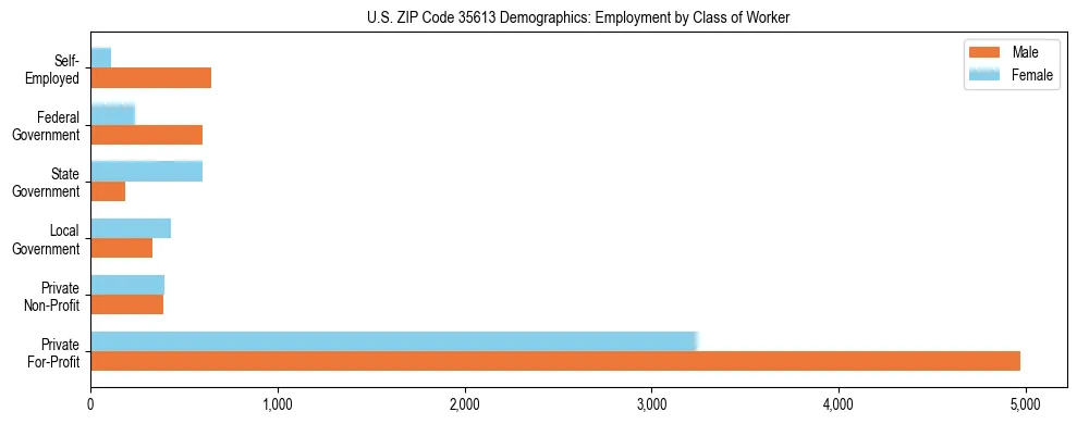 Horizontal bar chart showing employment distribution by class of worker and gender in US ZIP Code 35613, based on 2023 ACS data.