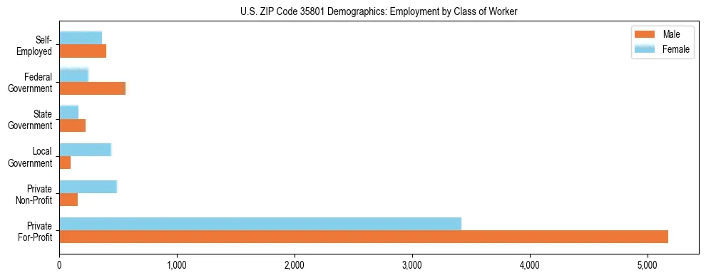 Horizontal bar chart showing employment distribution by class of worker and gender in US ZIP Code 35801, based on 2023 ACS data.