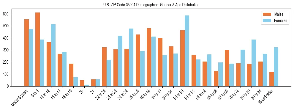 Bar chart showing the population distribution of US ZIP Code 35904 by age group and gender, based on 2023 ACS data.