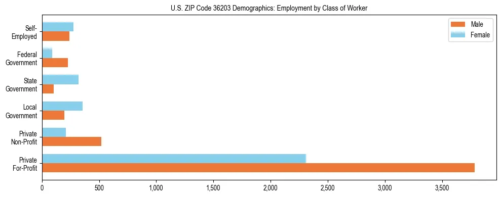 Horizontal bar chart showing employment distribution by class of worker and gender in US ZIP Code 36203, based on 2023 ACS data.