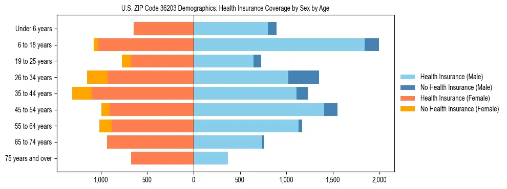 Pyramid chart showing health insurance coverage by age and sex in US ZIP Code 36203.