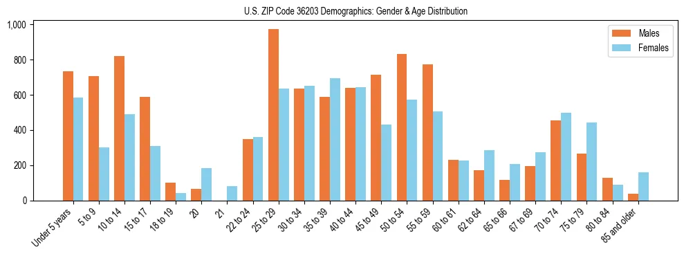 Bar chart showing the population distribution of US ZIP Code 36203 by age group and gender, based on 2023 ACS data.