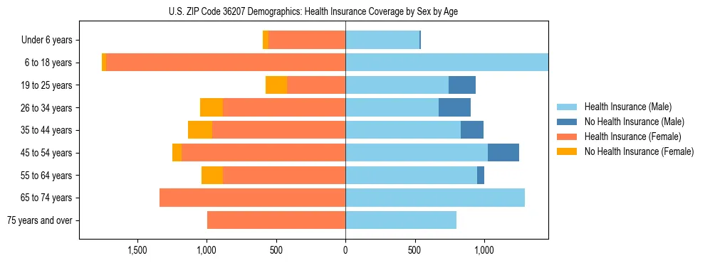 Pyramid chart showing health insurance coverage by age and sex in US ZIP Code 36207.