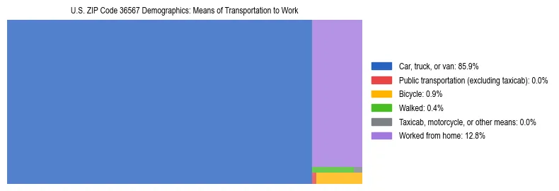 Treemap showing means of transportation to work distribution in US ZIP Code 36567.