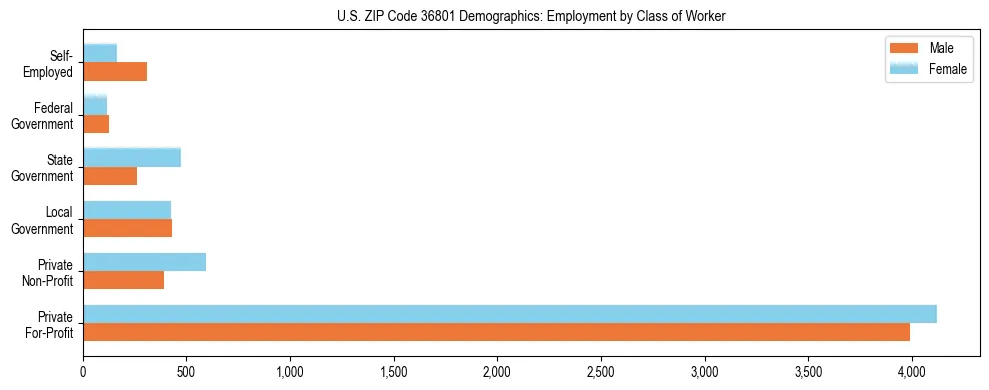 Horizontal bar chart showing employment distribution by class of worker and gender in US ZIP Code 36801, based on 2023 ACS data.
