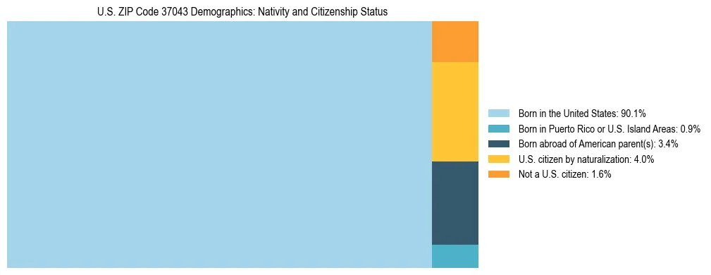 Treemap showing the population distribution by nativity and citizenship status in US ZIP Code 37043 based on U.S. Census data.